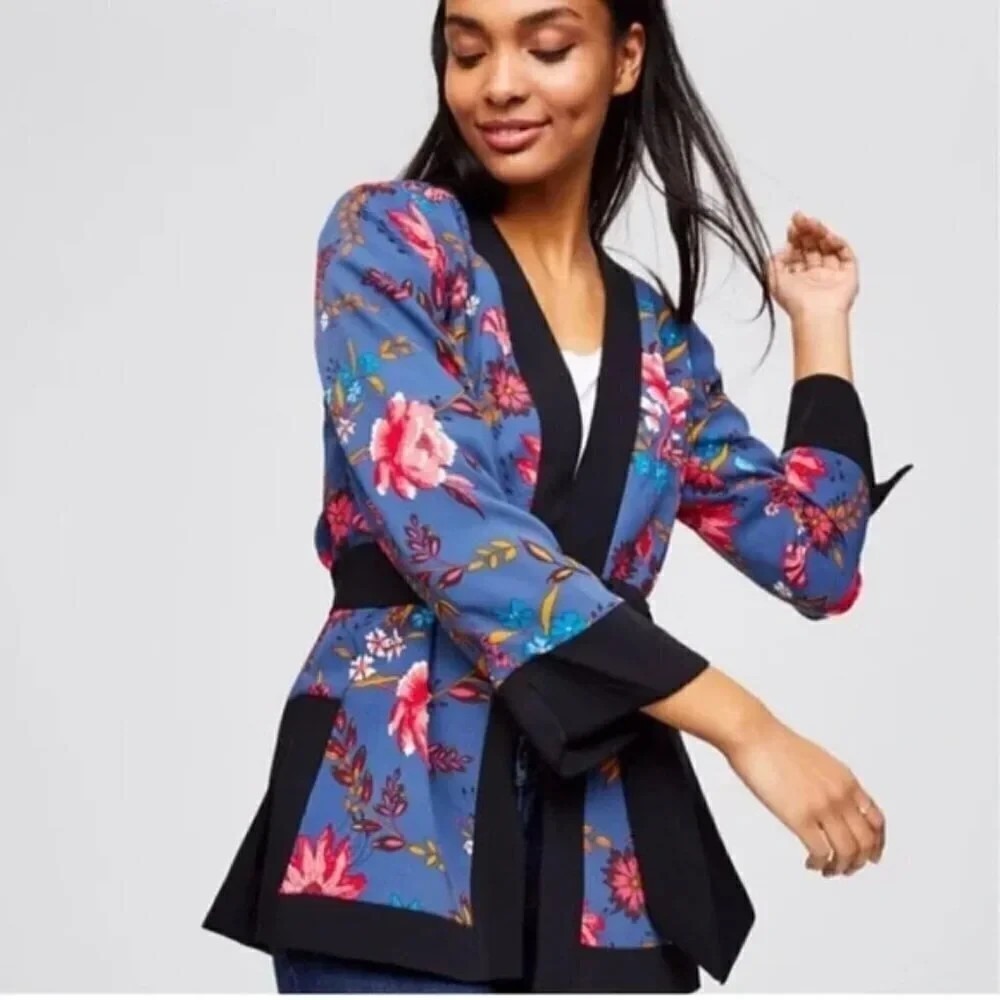 Loft Women's Belted Kimono Jacket Size L Lined Pink Blue Black Trim